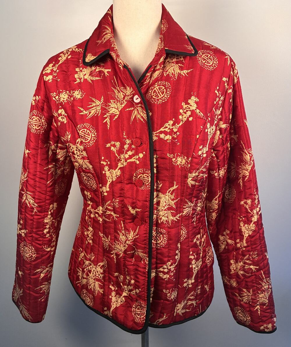Vintage Carole Little Silk Quilted Asian Print Jacket Size M Button Up